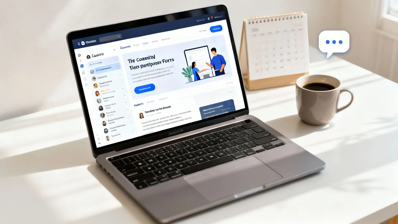 Laptop displaying a membership website interface with a coffee mug and calendar on a white desk.