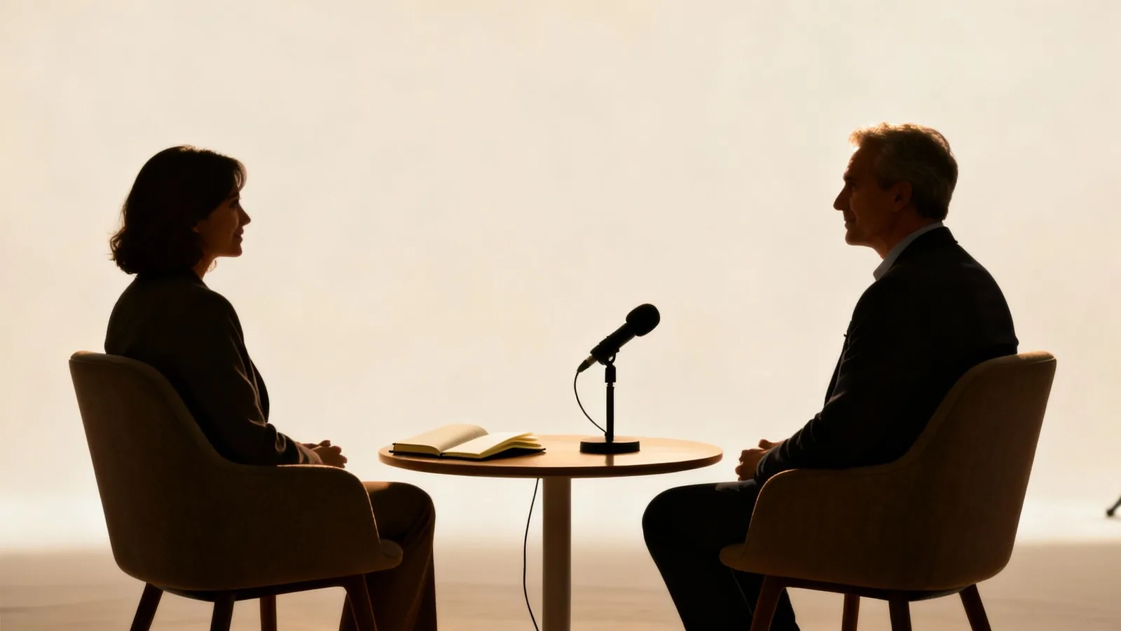 Two people in silhouette sitting at a table with a microphone, ready for an interview.