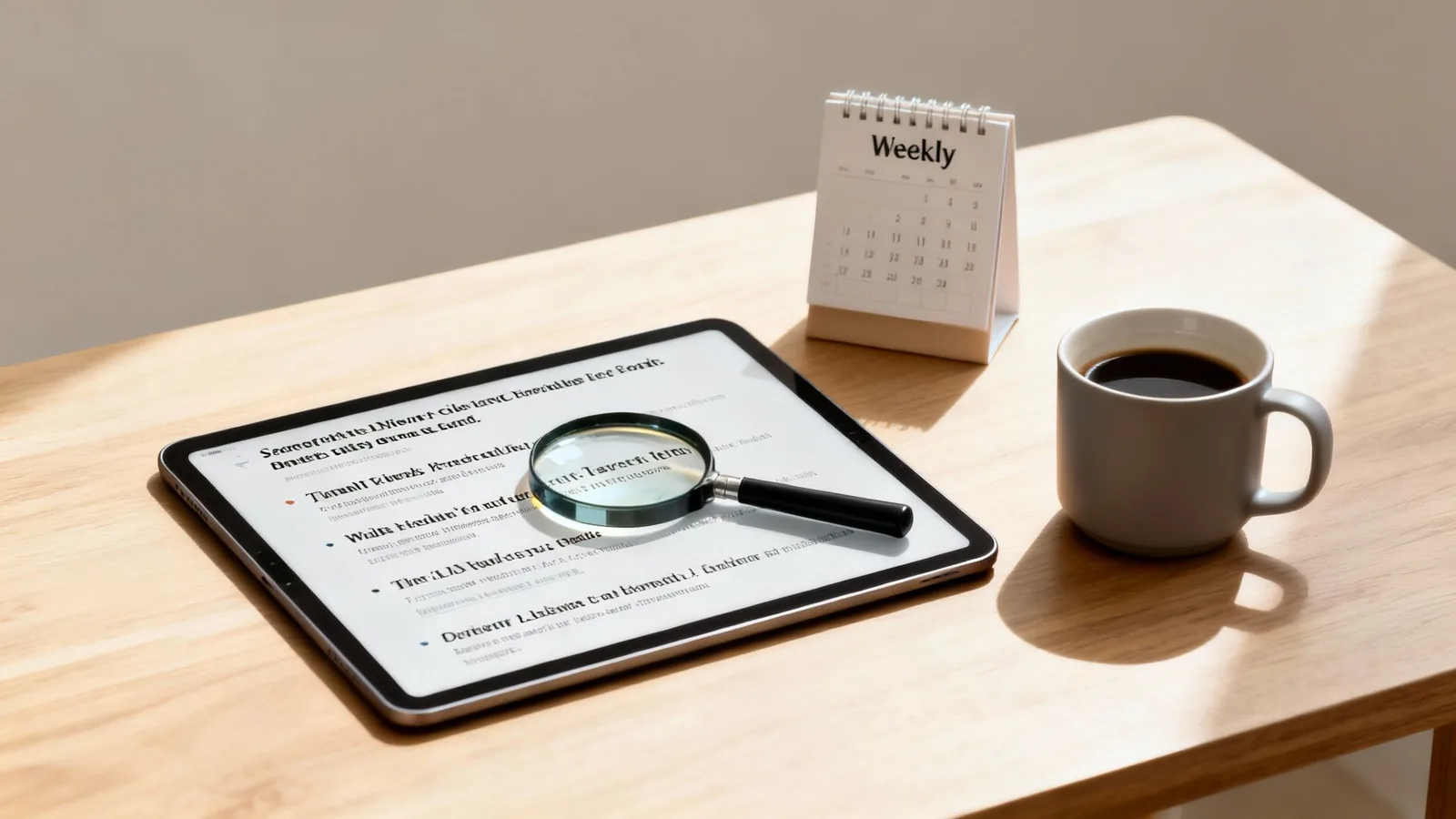 Overhead view of a workspace with a tablet, magnifying glass, coffee, and weekly calendar.