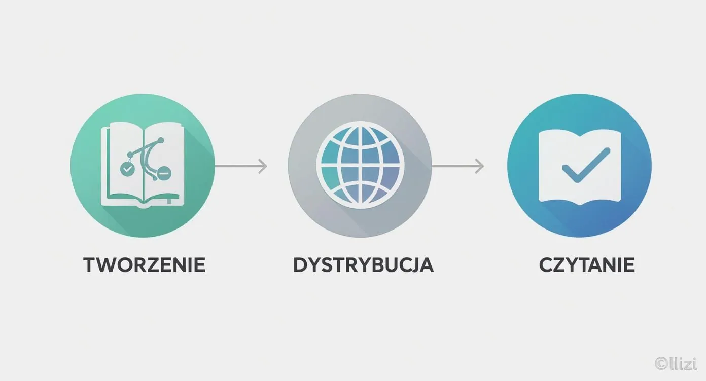 Infografika przedstawiająca proces tworzenia, dystrybucji i czytania treści, symbolizowany przez ikony książki, globu i książki z haczykiem.