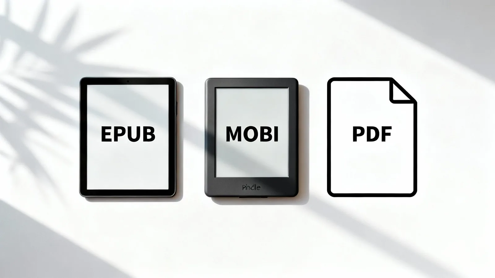 Trzy cyfrowe formaty książek: EPUB na tablecie, MOBI na czytniku Kindle i ikona pliku PDF.