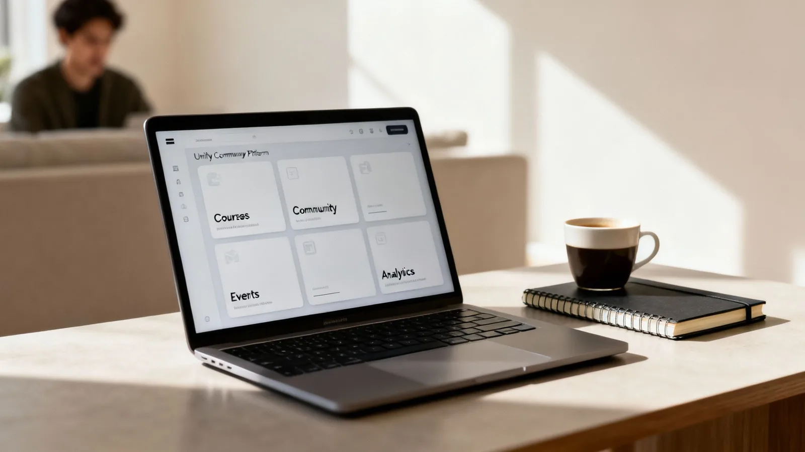 A laptop on a desk displaying a 'Unity Community Platform' dashboard, with a coffee cup and notebook nearby.