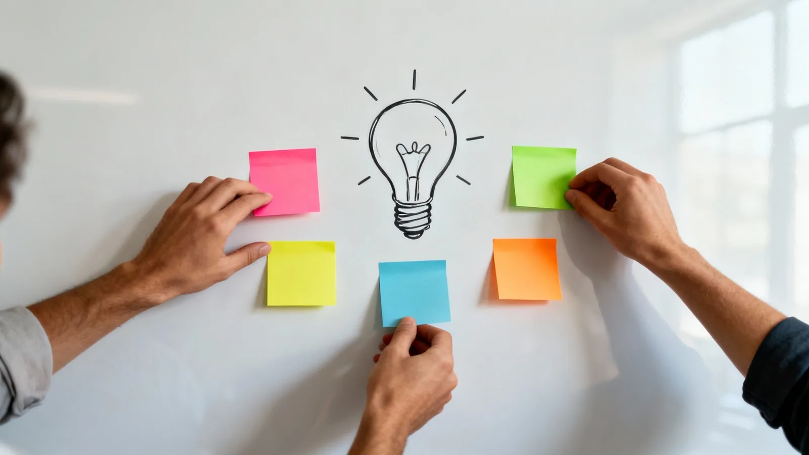 Hands placing colorful sticky notes on a whiteboard with a lightbulb drawing for idea generation.