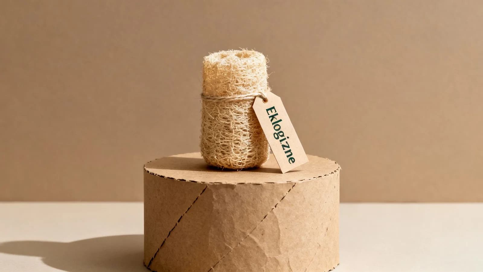 Naturalna gąbka luffa z etykietą 'Ekologiczne' na tekturowej podstawce, symbolizująca ekologiczne produkty do pielęgnacji.