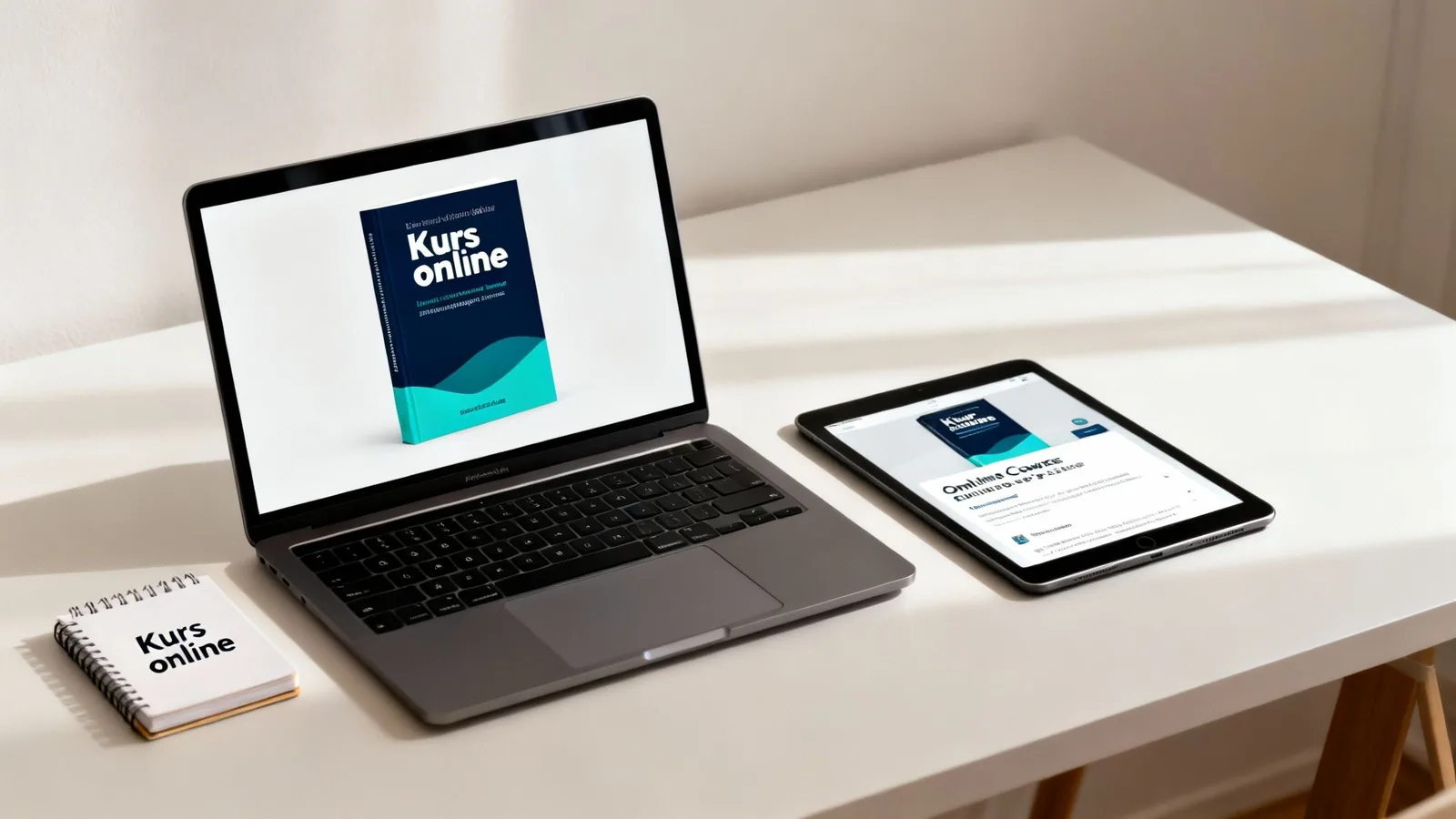 Laptop, tablet i notatnik na białym biurku, wszystkie z napisem Kurs online. Ilustracja cyfrowej nauki i kursów online.