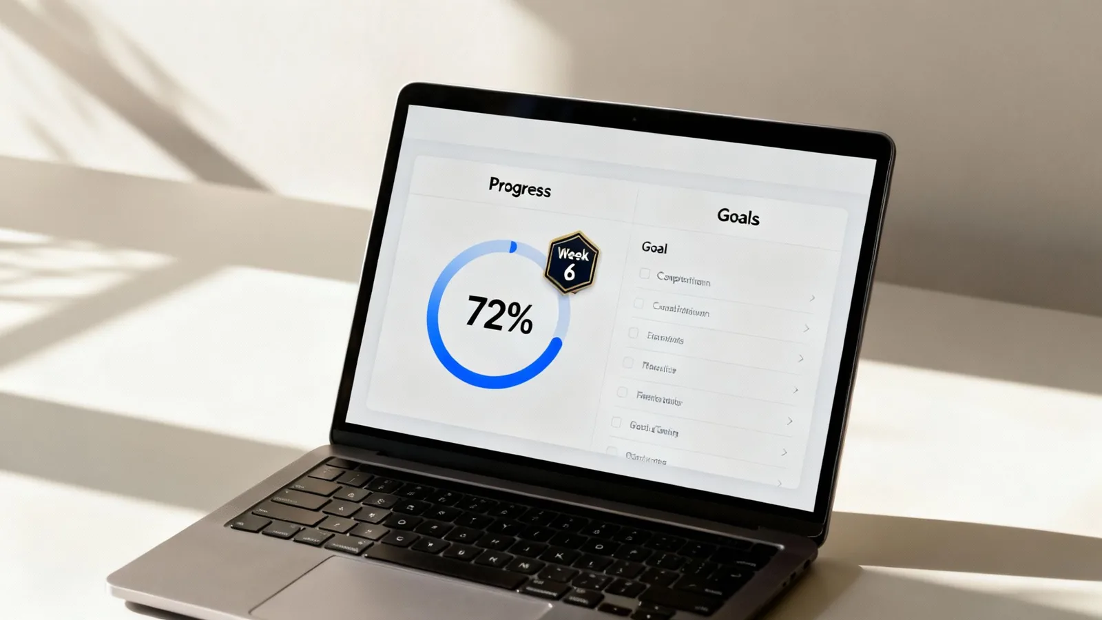 A laptop screen displays a progress tracker showing 72% completion for Week 6, next to a list of goals.
