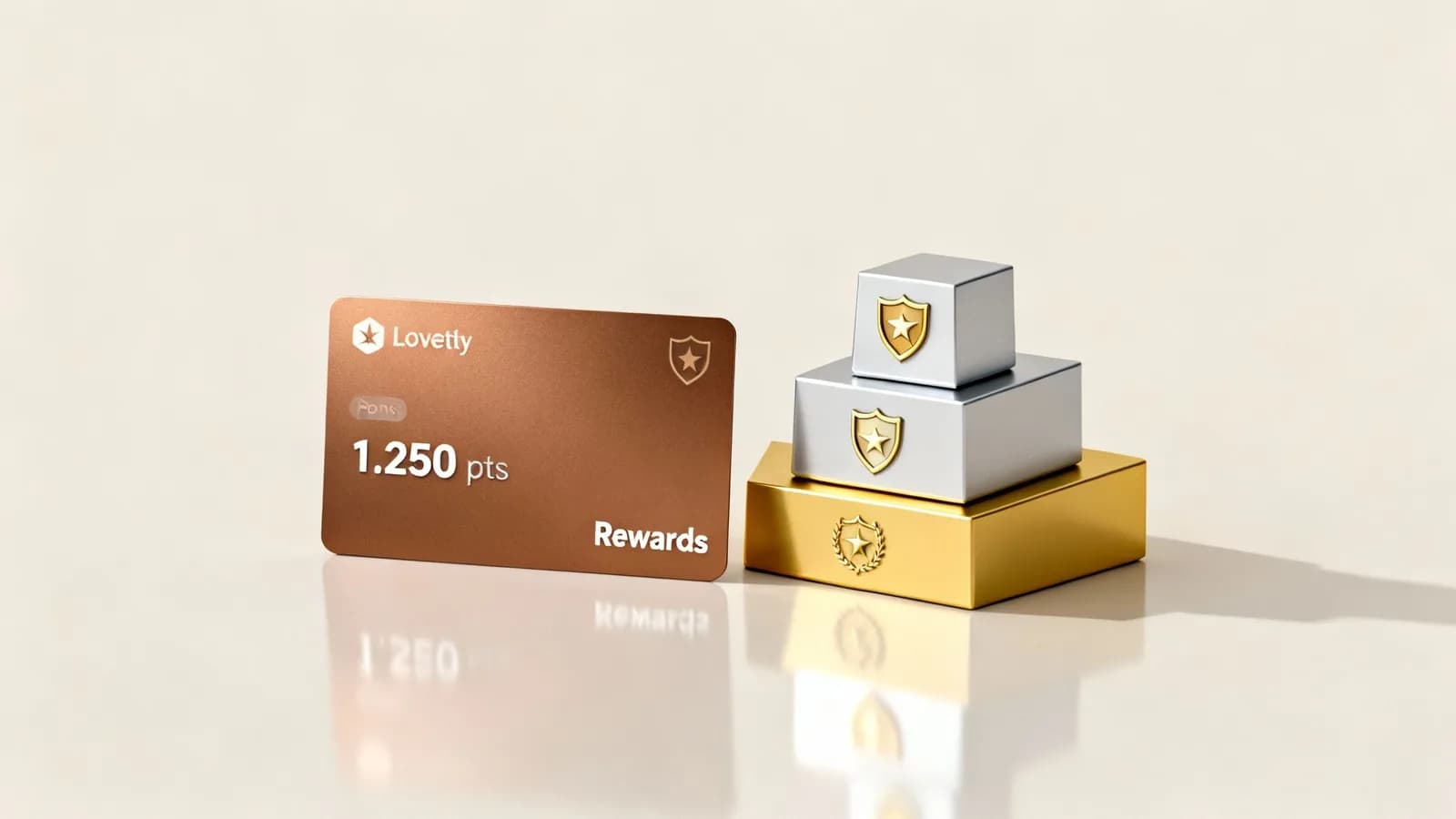 A bronze loyalty card displaying 1,250 points, alongside a tiered stack of gold and silver reward blocks.