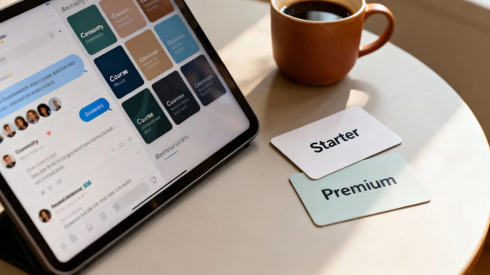 A tablet displaying a learning platform with 'Community' and 'Course' options, alongside 'Starter' and 'Premium' membership cards and coffee.
