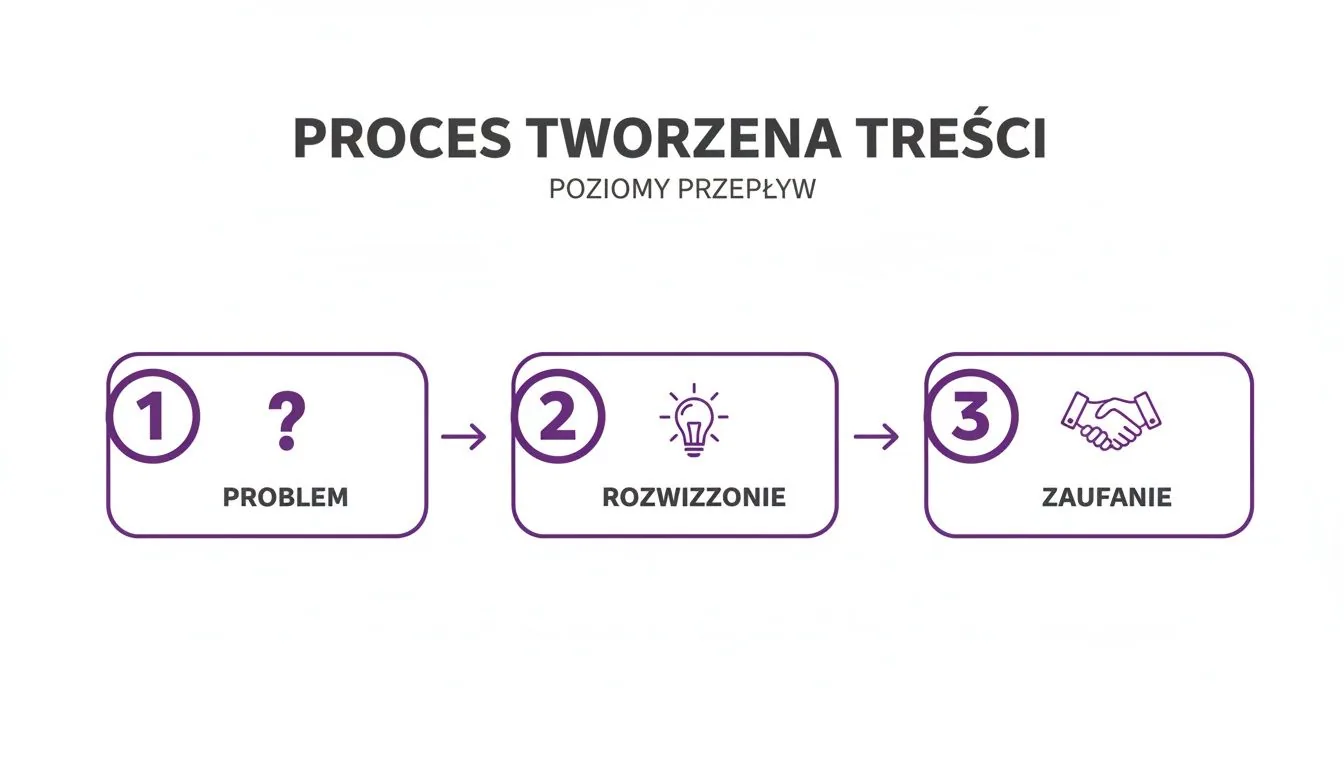 Grafika przedstawia proces tworzenia treści w trzech krokach: problem (znak zapytania), rozwiązanie (żarówka) i zaufanie (uścisk dłoni).