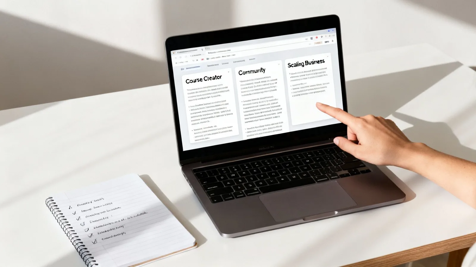 Person interacting with a laptop displaying a knowledge base interface, next to a notebook with a checklist.