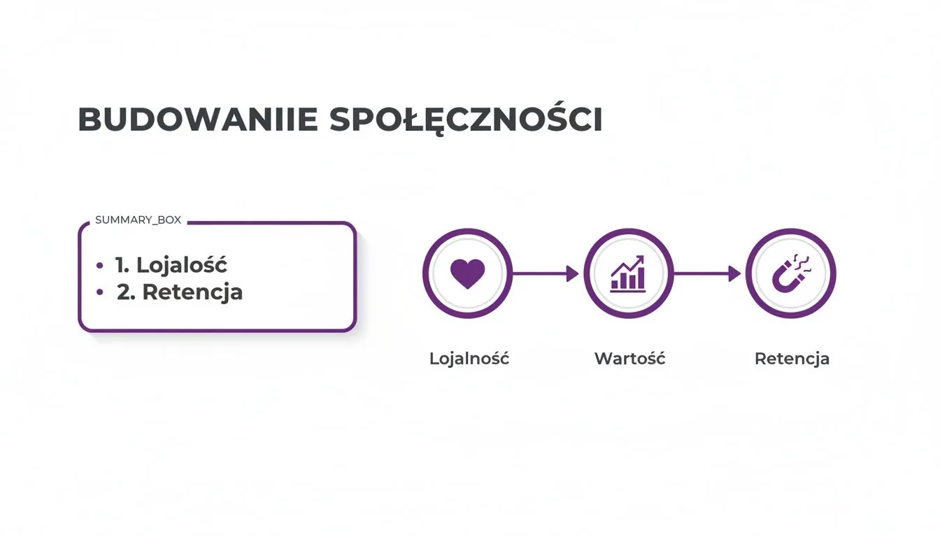 Grafika przedstawiająca proces budowania społeczności, z etapami: Lojalność, Wartość i Retencja, symbolizowanymi przez serce, wykres i magnes.