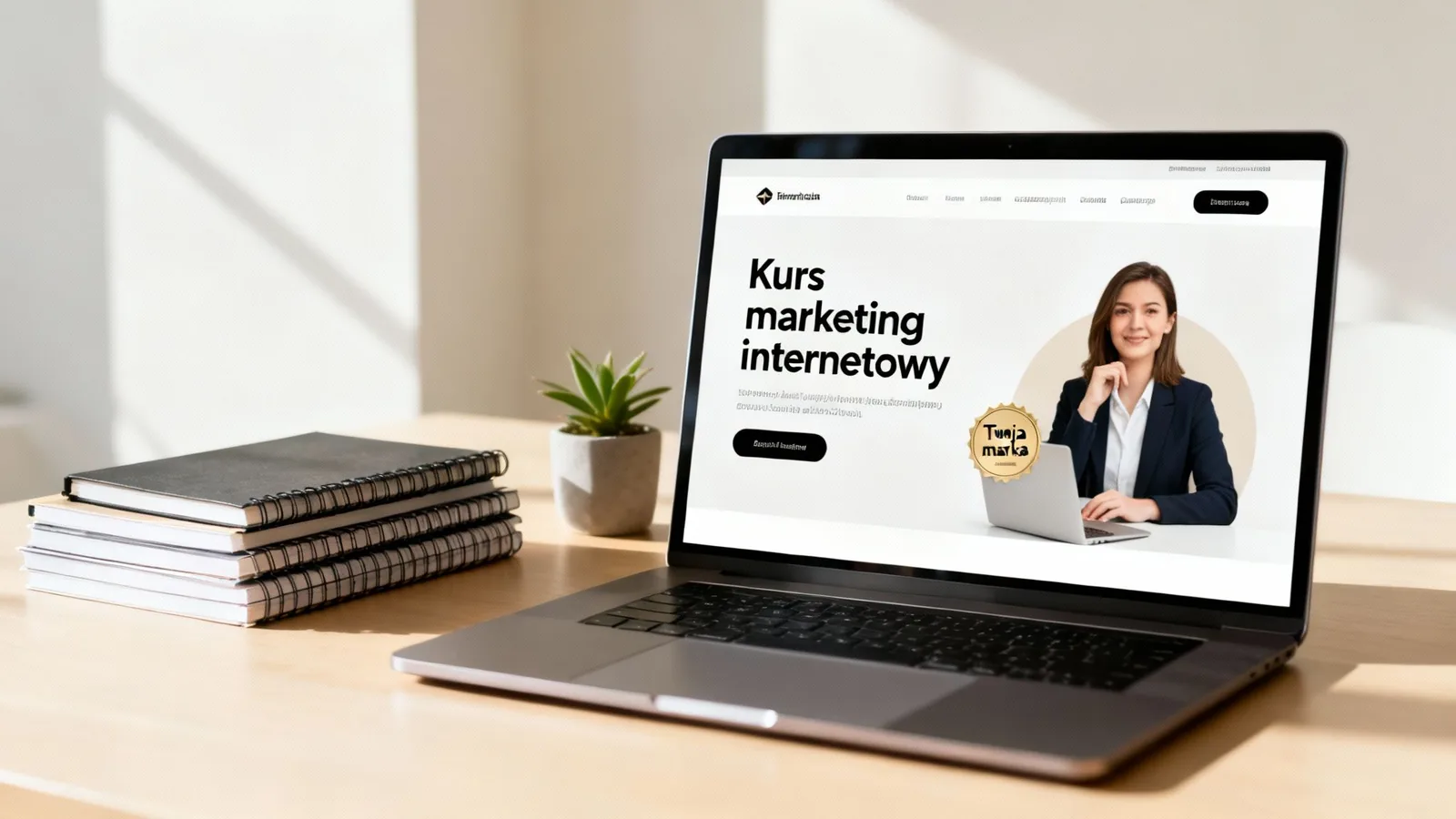 Laptop na drewnianym biurku z otwartą stroną o kursie marketingu internetowego, obok notatniki i roślina.