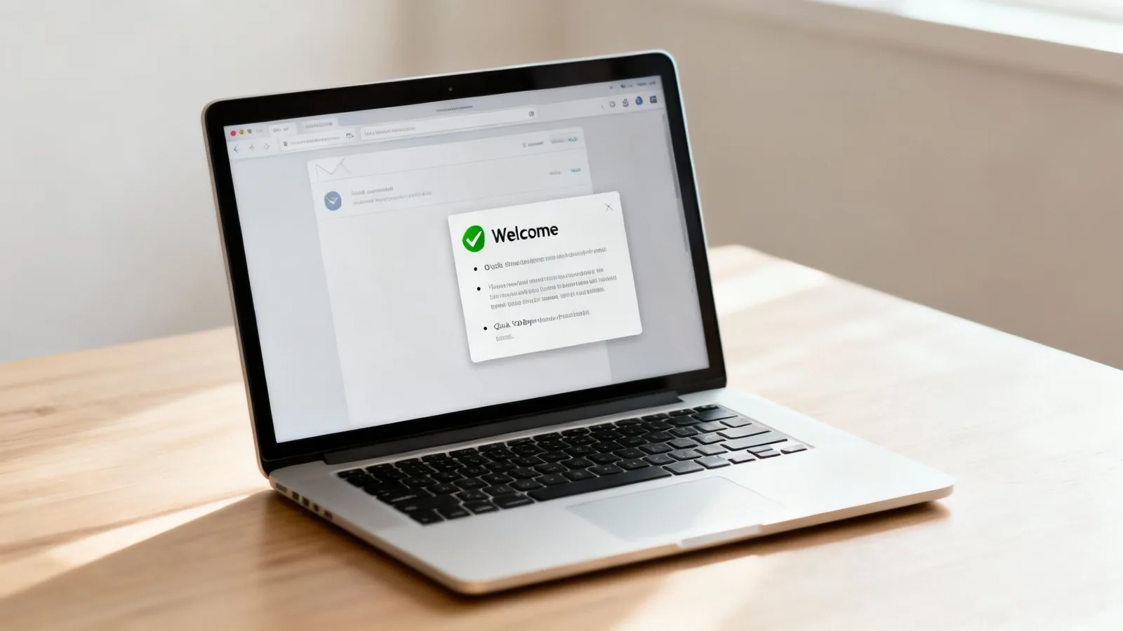 A laptop displays a welcome pop-up with a green checkmark, outlining onboarding steps on a wooden desk.