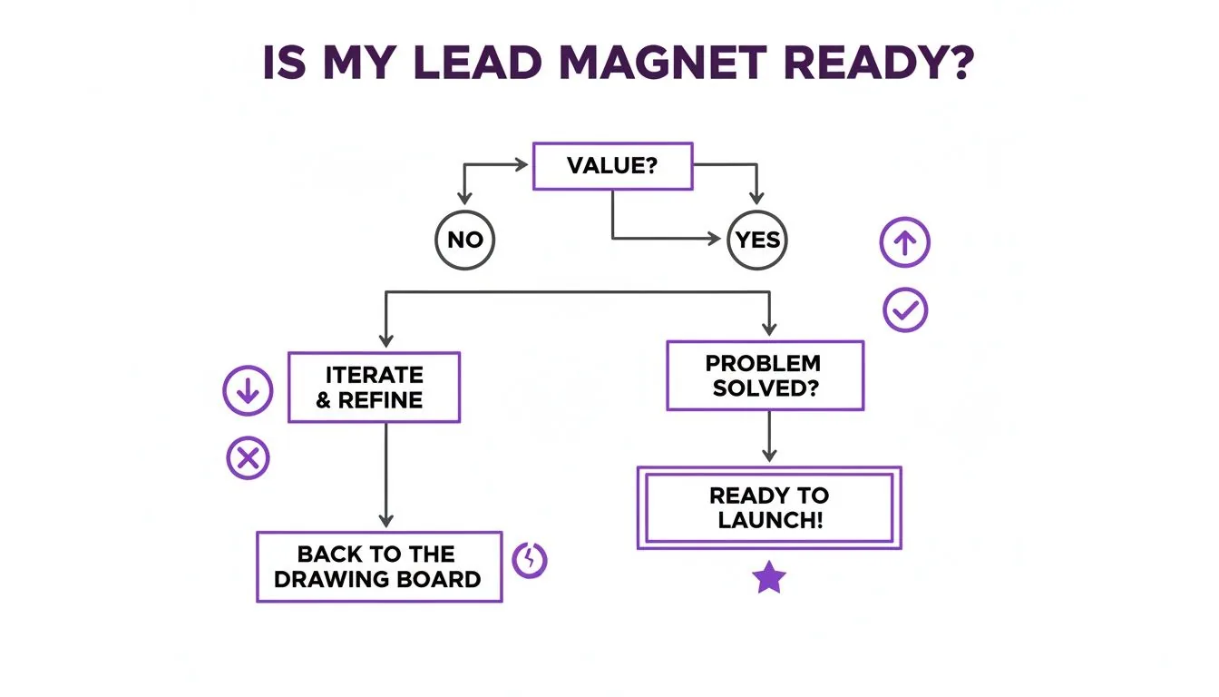 Flowchart on lead magnet readiness, asking if it has value and solves a problem, leading to launch or iteration.