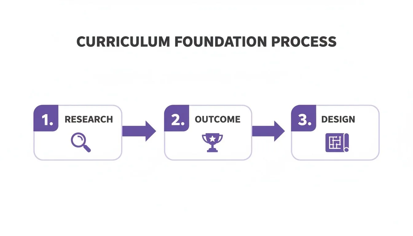 Infographic illustrating the three-step curriculum foundation process: Research, Outcome, and Design.