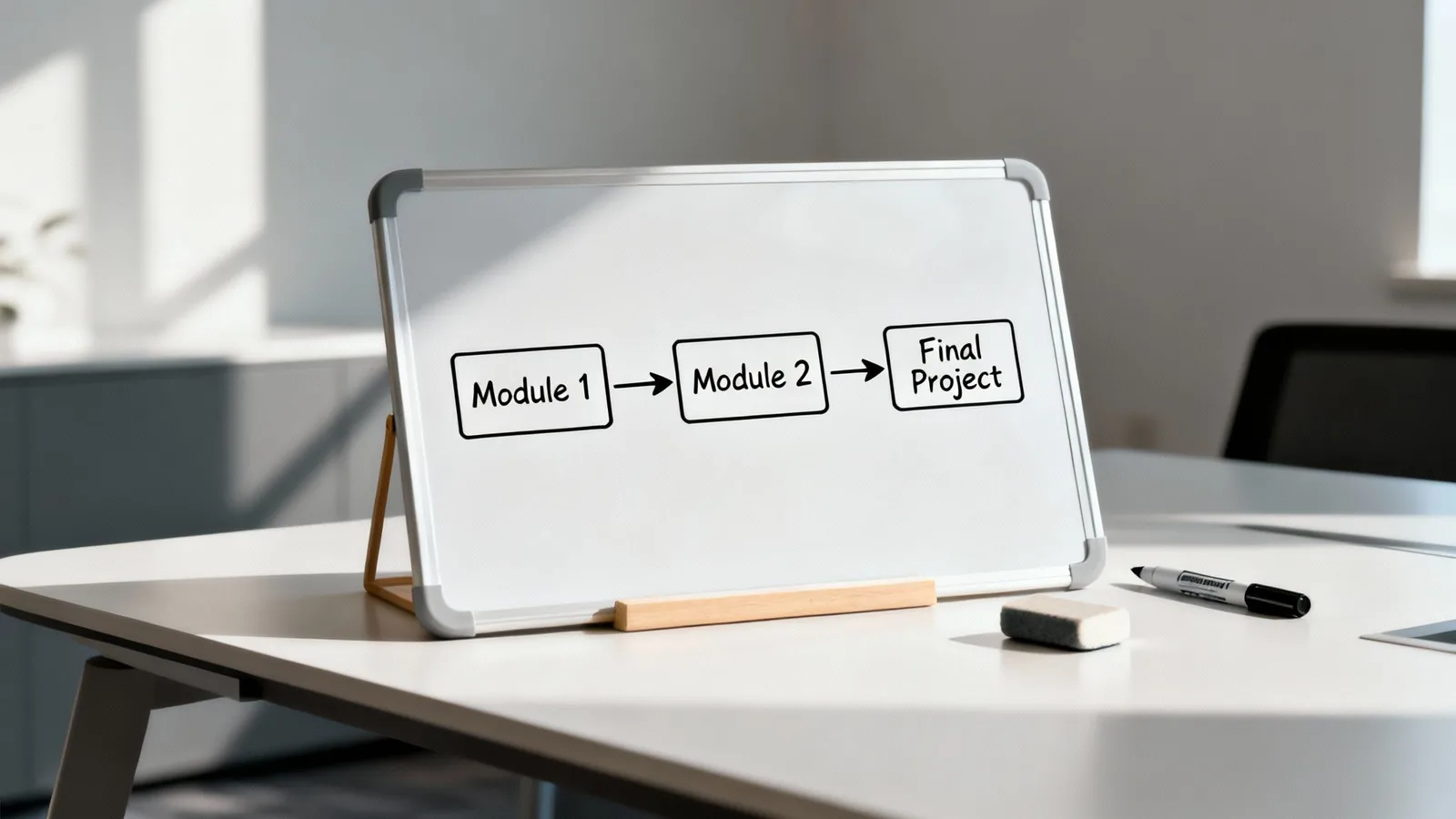 A whiteboard on a desk displays a curriculum roadmap with Module 1, Module 2, and Final Project.