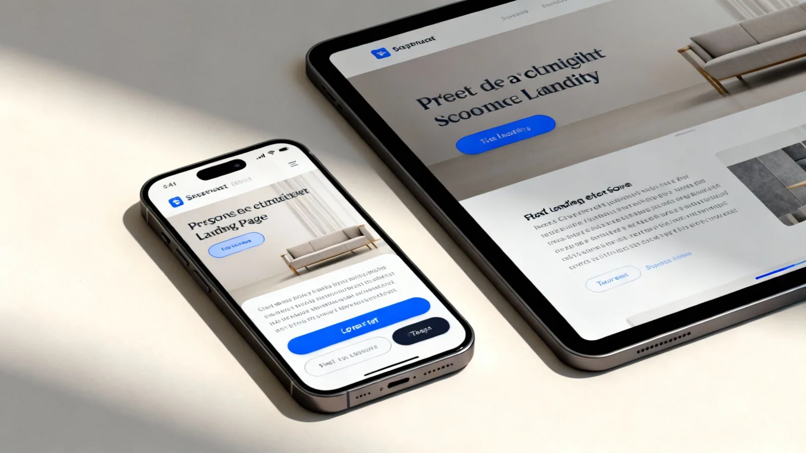 Close-up of a smartphone and tablet showcasing a responsive landing page design with a sofa image.
