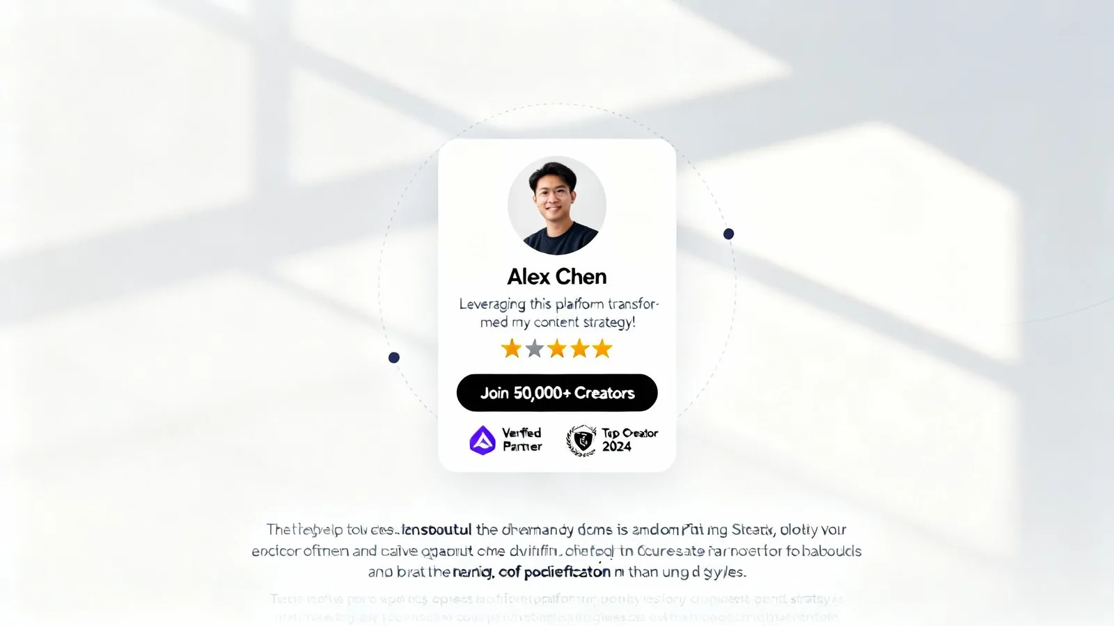 Alex Chen's testimonial card featuring his photo, a positive review about content strategy, and an invite to join creators.