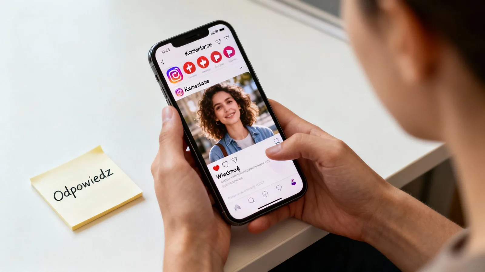 Osoba trzymająca smartfon z otwartą aplikacją mediów społecznościowych, wyświetlającą zdjęcie uśmiechniętej kobiety i polskie napisy. Obok leży żółta karteczka z napisem „Odpowiedź”.