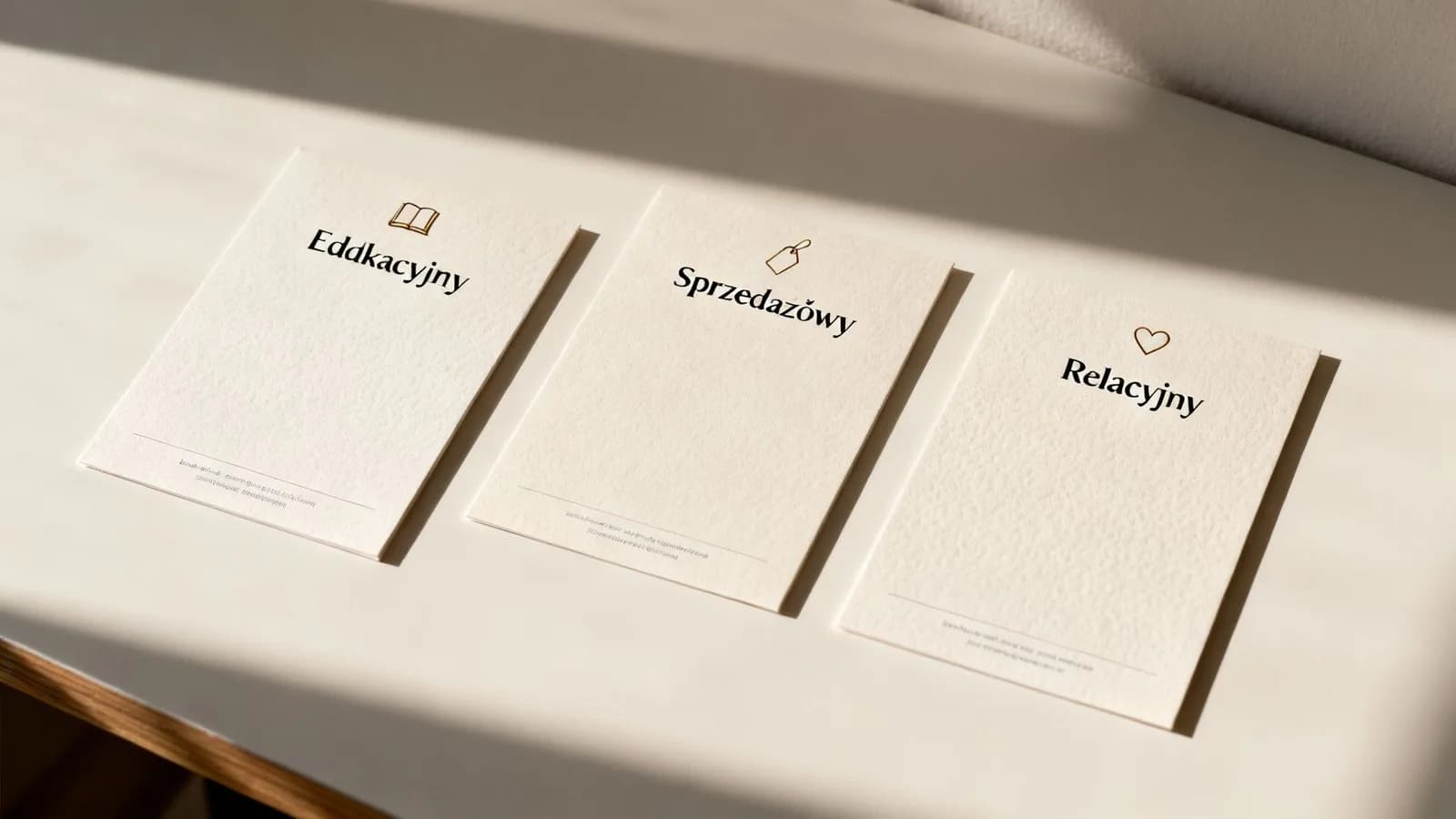 Trzy beżowe karty z polskimi napisami i ikonami: Edukacyjny (książka), Sprzedażowy (metka), Relacyjny (serce) na białym tle.