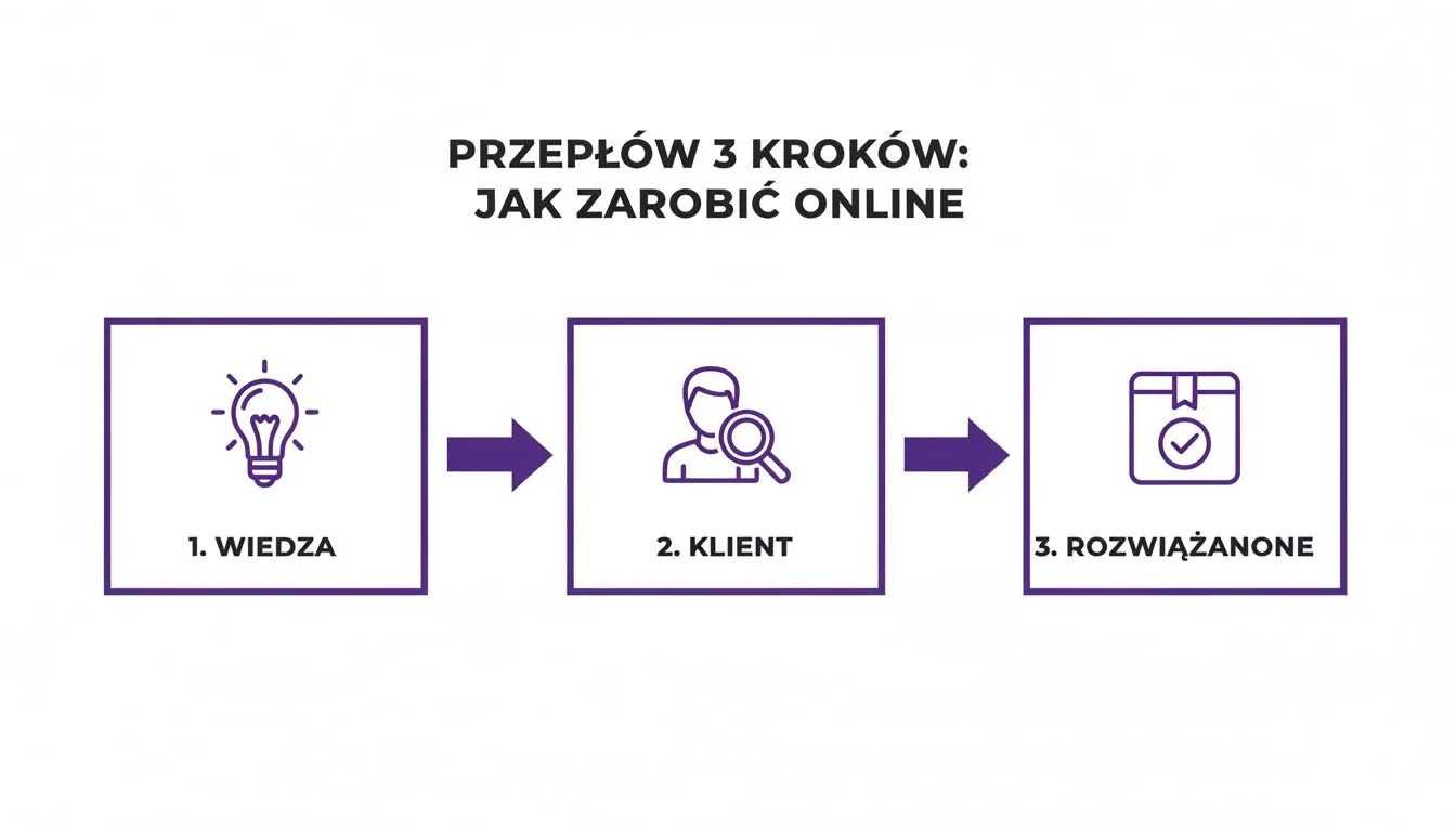 Diagram przedstawiający trzy kroki do zarabiania online: wiedza (żarówka), pozyskanie klienta (lupa) i sukces (rozwiązane zadanie).