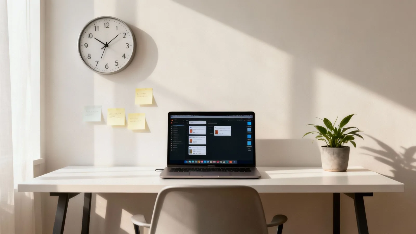 A minimalist home office desk with a laptop, wall clock, sticky notes, and a potted plant.