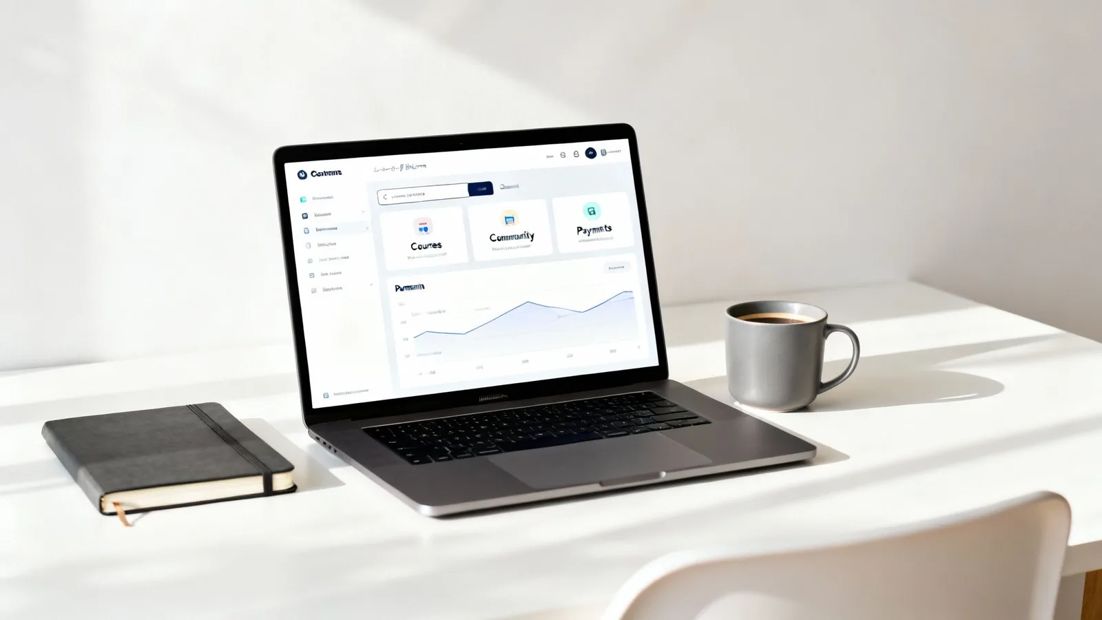 Modern workspace with a laptop displaying a dashboard, a black notebook, and a gray coffee mug.