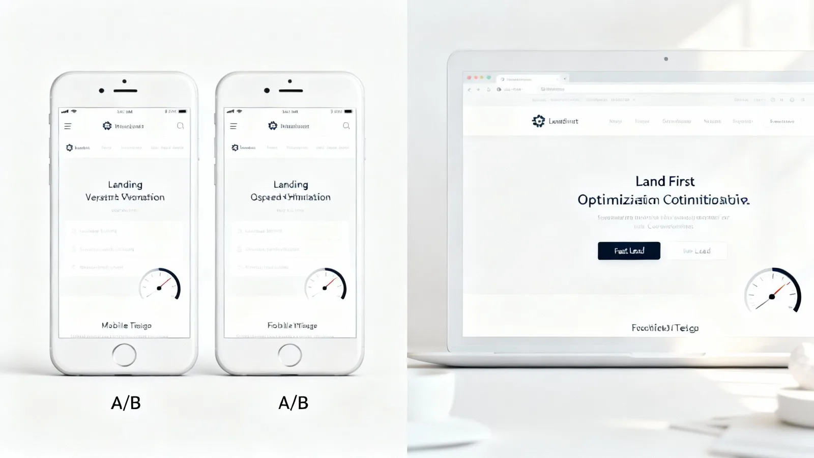 A/B test on mobile phones and laptop displaying landing page optimization with speed gauges.