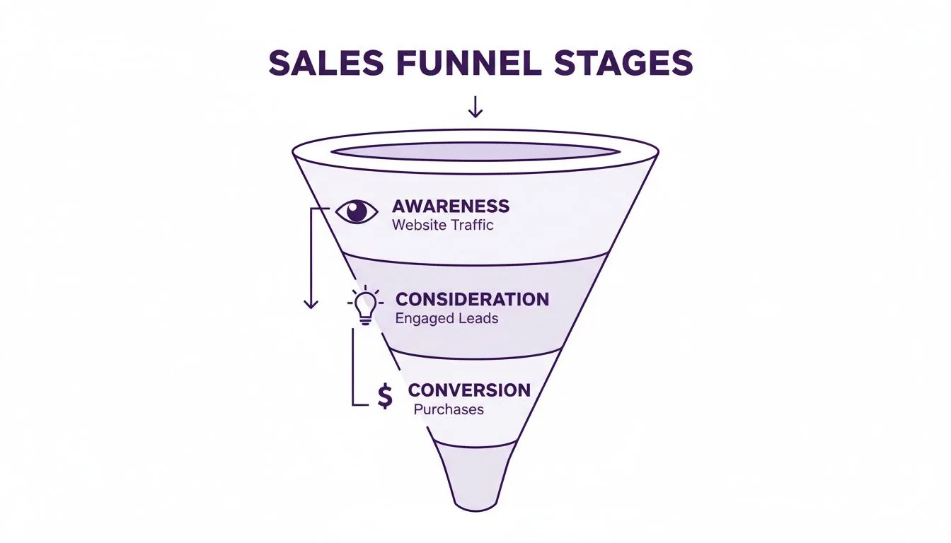 A diagram illustrating the three stages of a sales funnel: Awareness, Consideration, and Conversion with metrics.