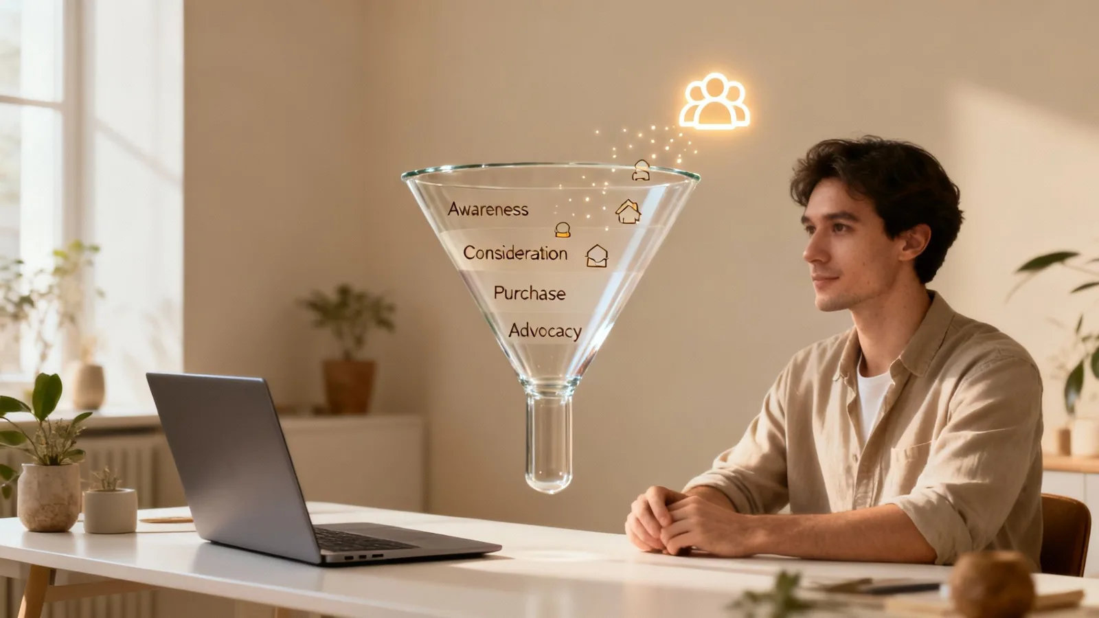 A man at a desk with a laptop looks at a glowing digital sales funnel diagram.