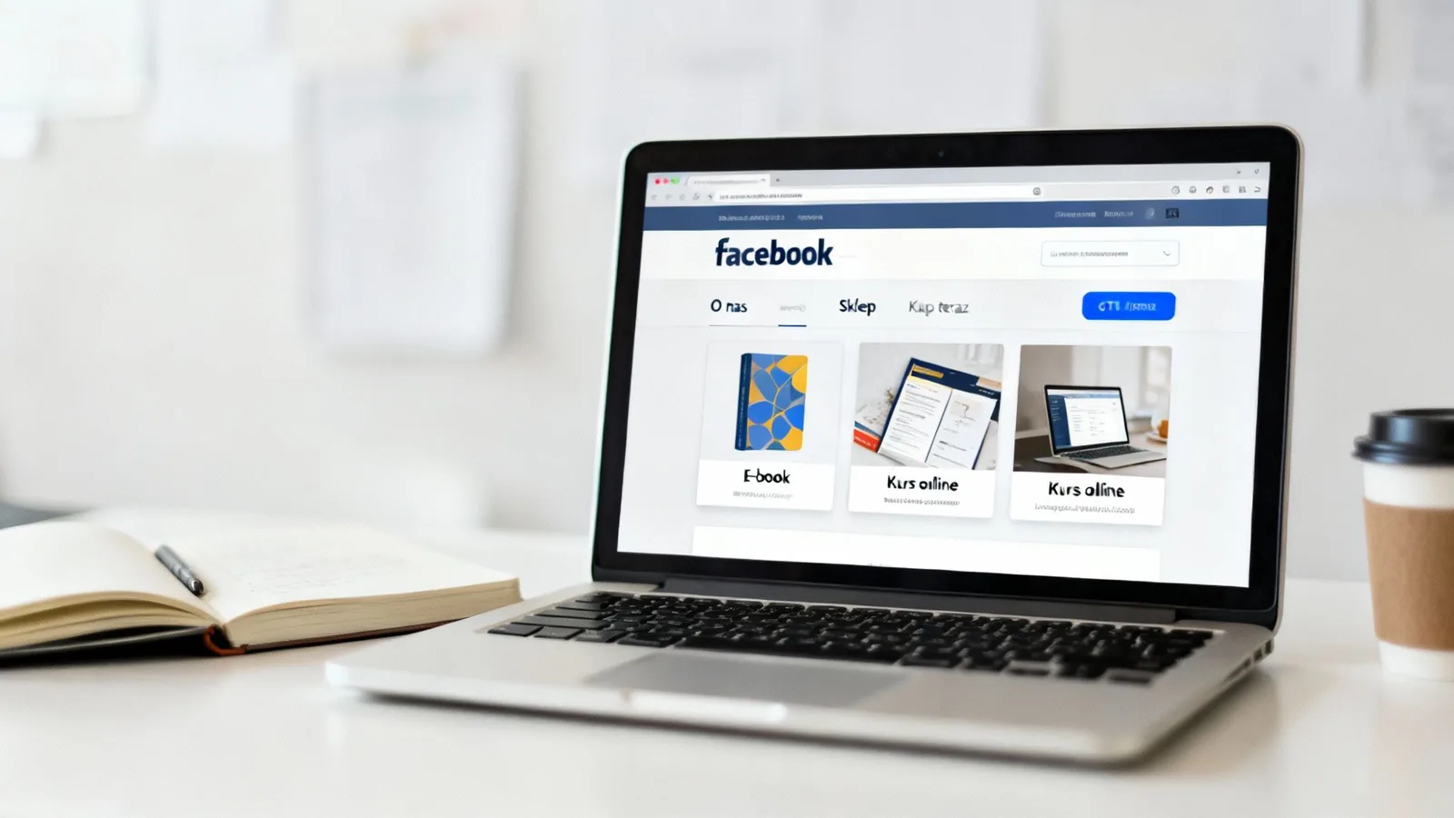 Laptop z otwartą stroną Facebooka, prezentującą e-booka i kursy online na białym biurku z notatnikiem i kawą.