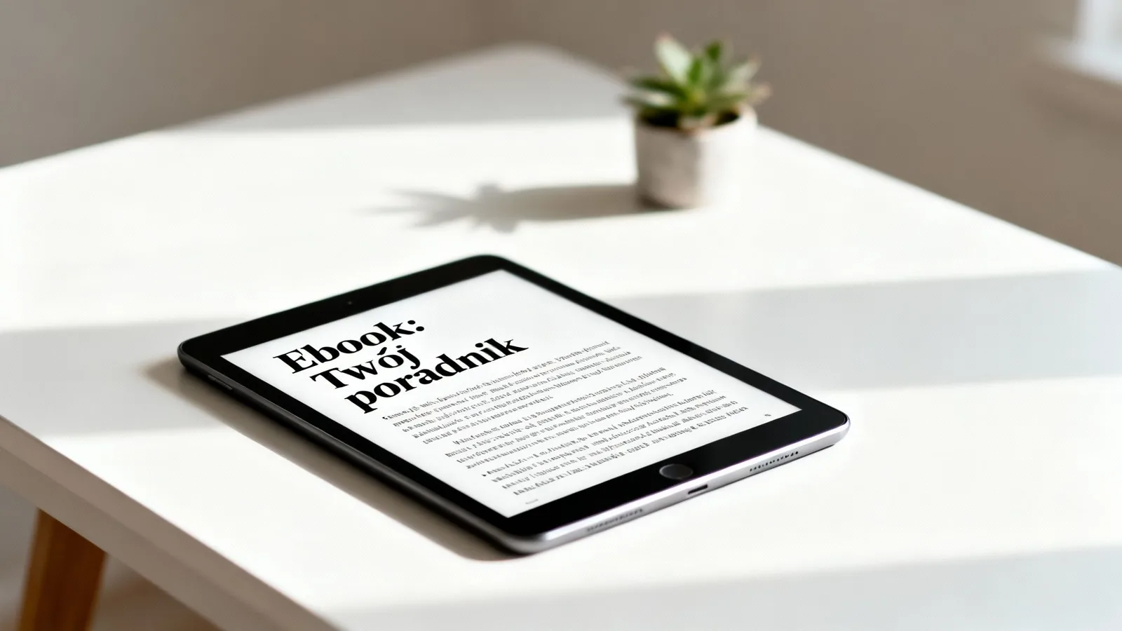 Czarny czytnik e-booków z tytułem 'Ebook: Twój poradnik' na białym stole w słonecznym świetle, z rośliną w tle.