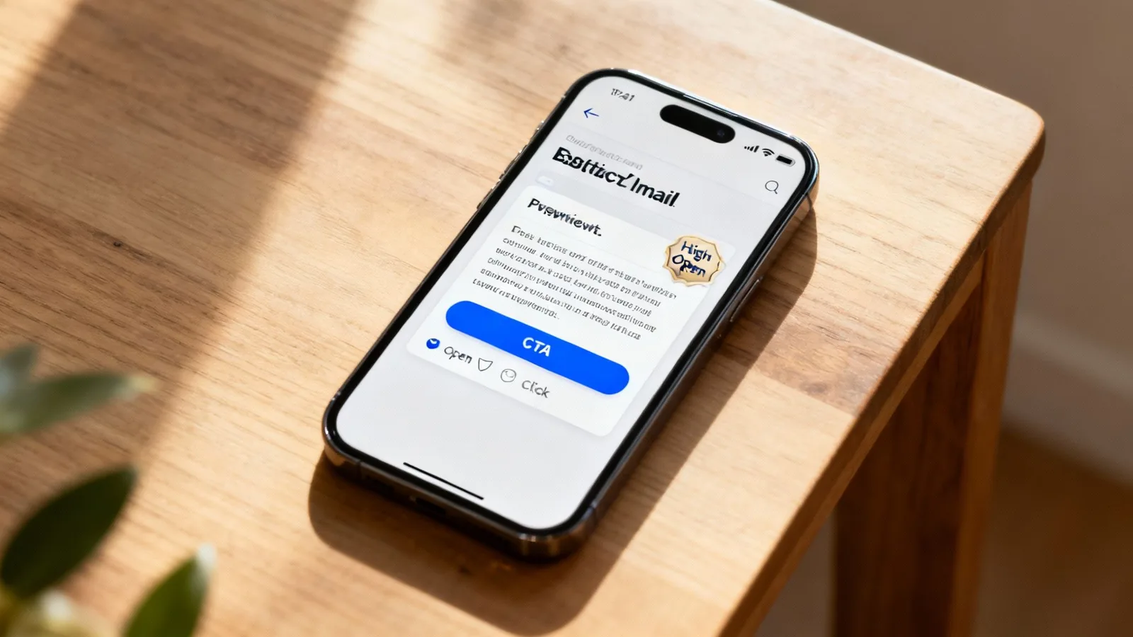 A smartphone displaying an email preview with 'High Open' badge and a 'CTA' button on a wooden table.