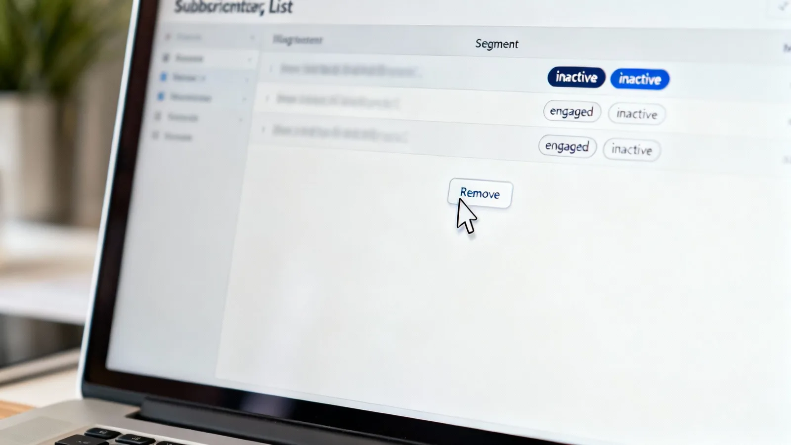 A close-up of a laptop screen displaying an email subscriber list, with a mouse cursor highlighting a 'Remove' button.