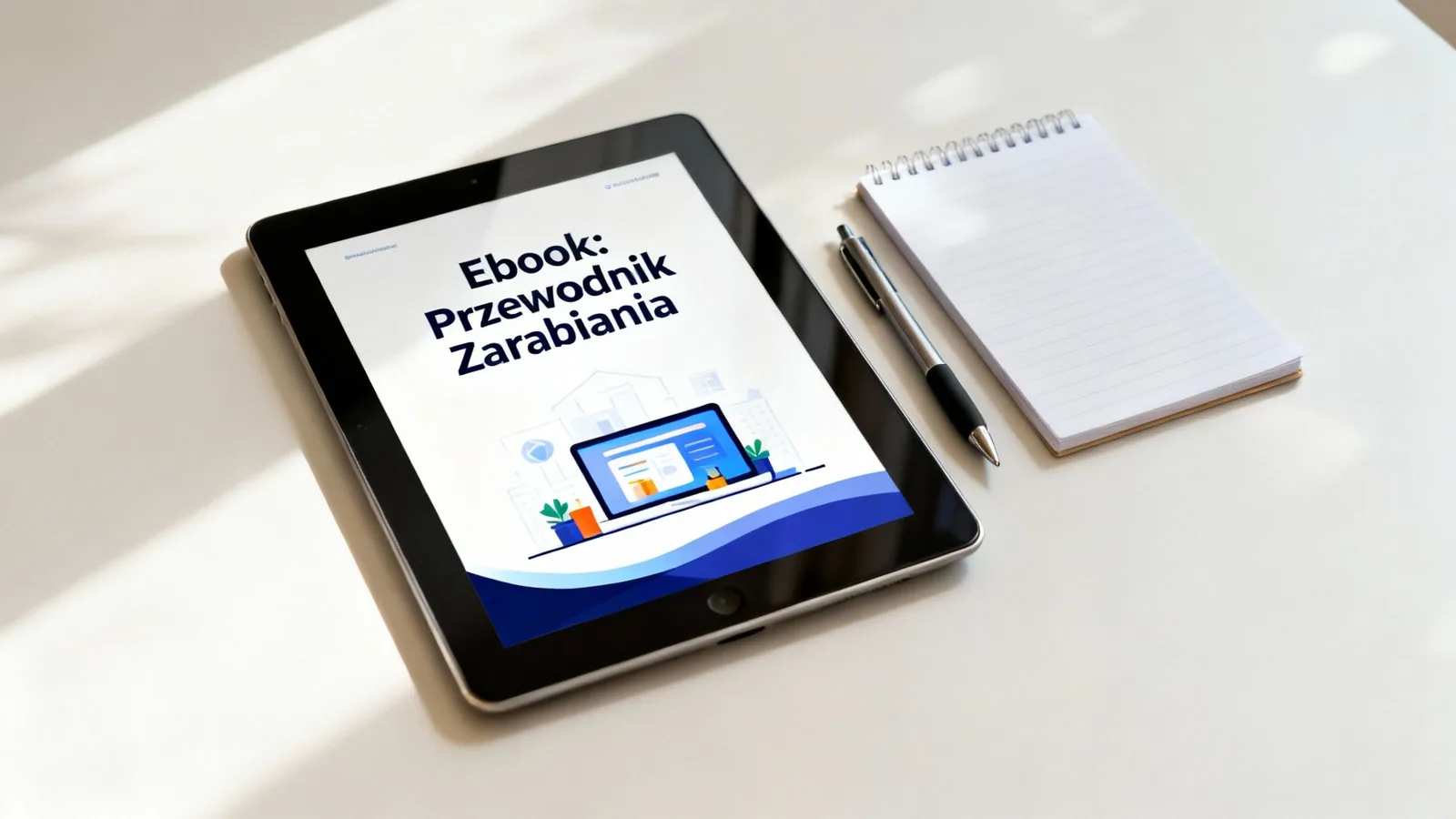 Tablet z wyświetlonym ebookiem 'Przewodnik Zarabiania', obok notatnika i długopisu na jasnym stole.