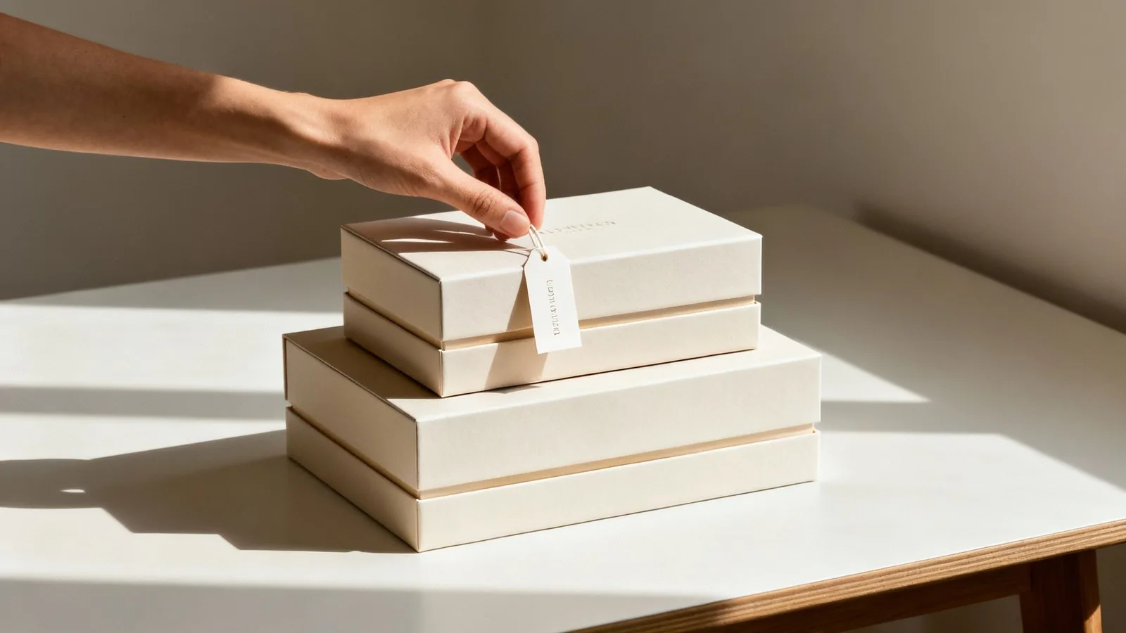 A hand places a small white tag on a cream-colored gift box, part of a stack on a table.