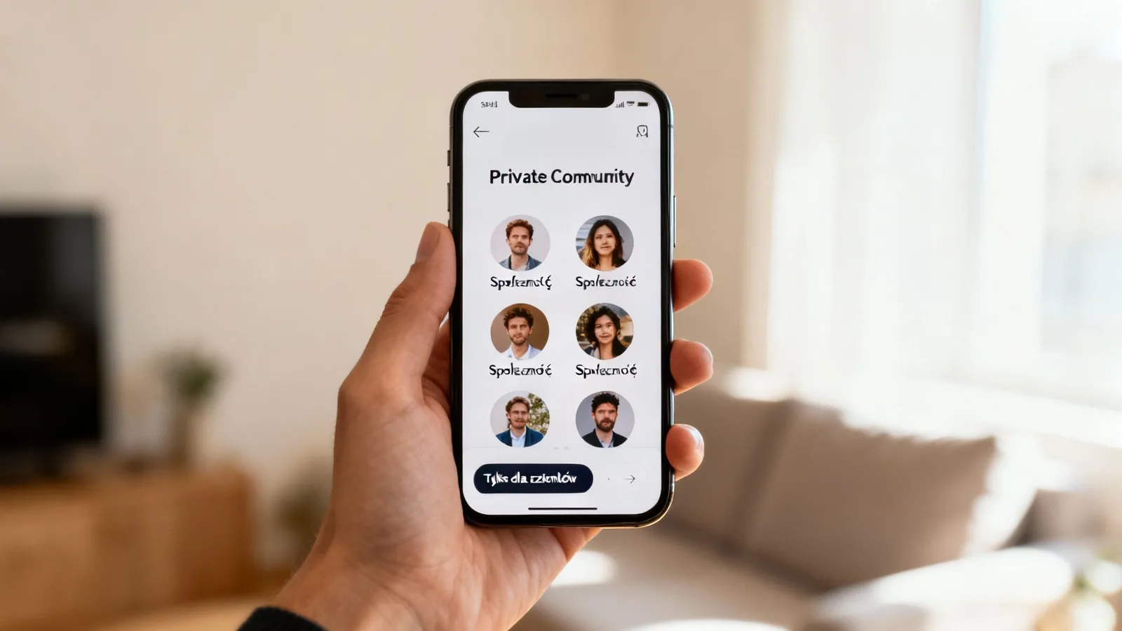 Mężczyzna trzyma smartfon z otwartą aplikacją „Private Community”, pokazującą profile użytkowników i opcje dołączenia.