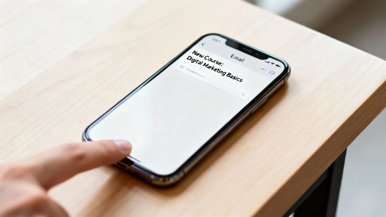 A close-up shot of a hand holding an iPhone displaying an email about a new digital marketing course on a wooden table.