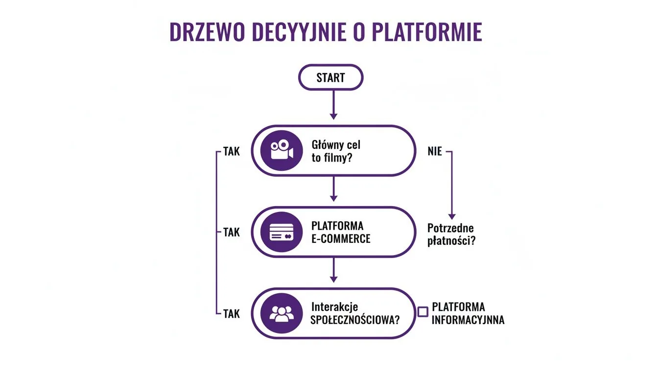 Schemat blokowy przedstawiający drzewo decyzyjne wyboru platformy internetowej, z pytaniami o cel i funkcje.