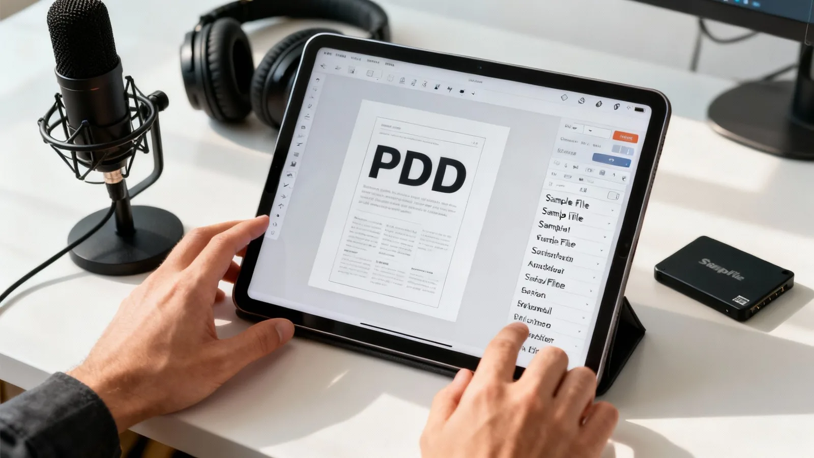 Person's hands using a tablet to edit a PDD document, surrounded by a microphone and headphones.