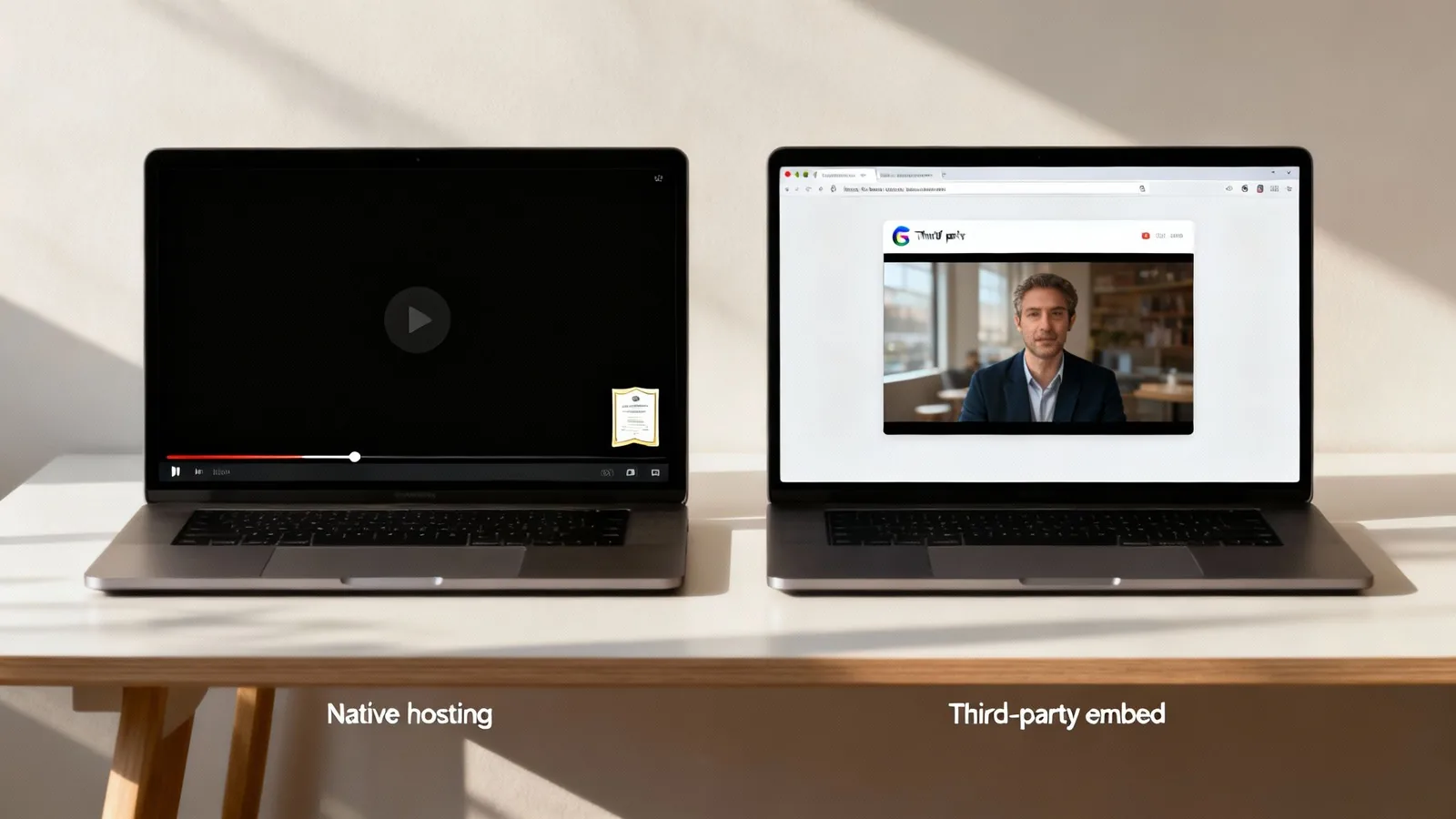 Two laptops side-by-side, one showing native video hosting, the other a third-party embedded video.