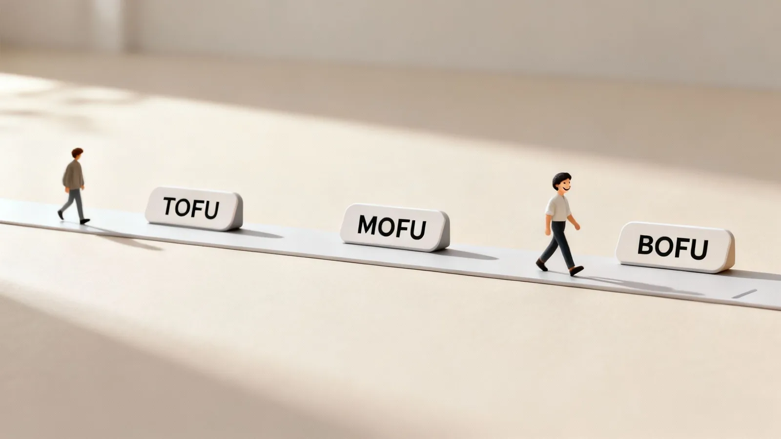 Miniature figures walk along a path marked TOFU, MOFU, BOFU, representing the marketing funnel stages.