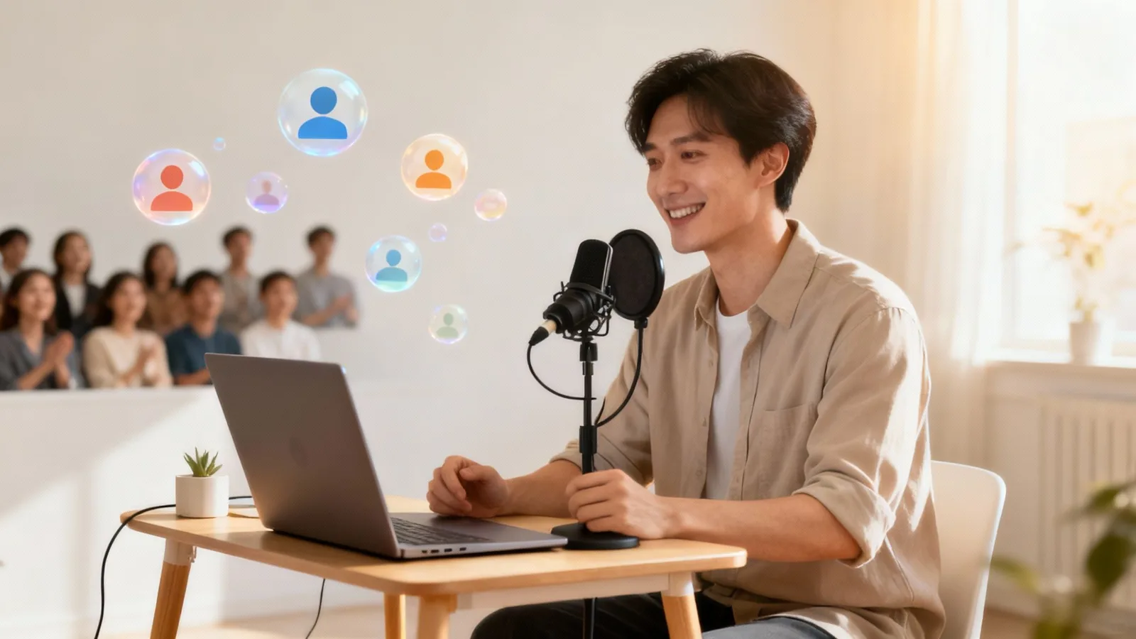 A smiling man hosts a live stream or podcast, interacting with a virtual audience.