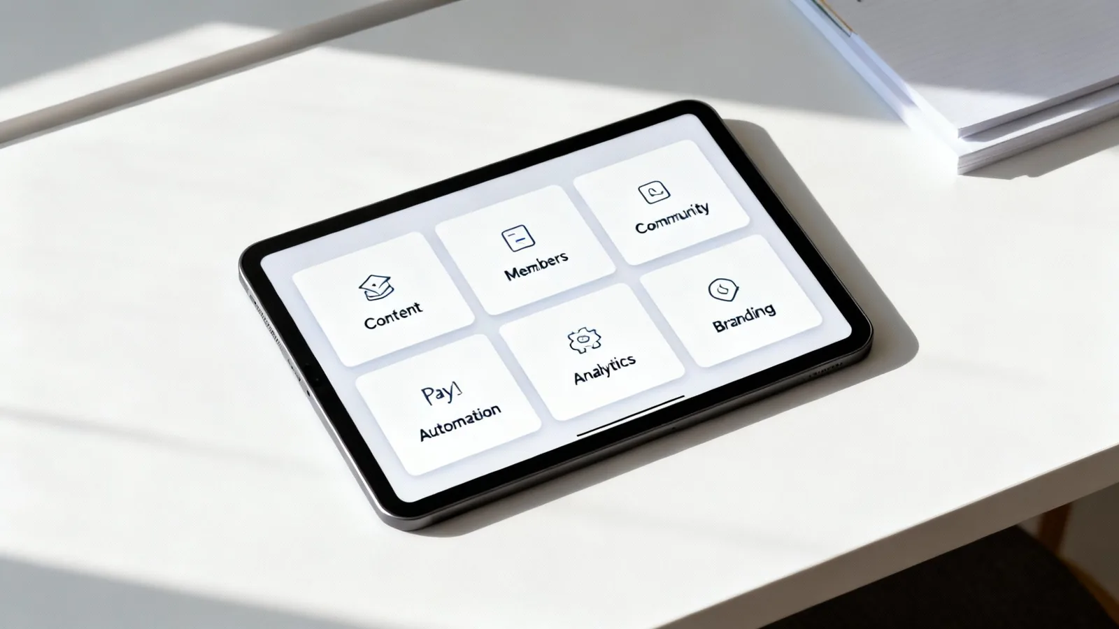 A tablet on a white desk displays a dashboard for managing a membership website platform.