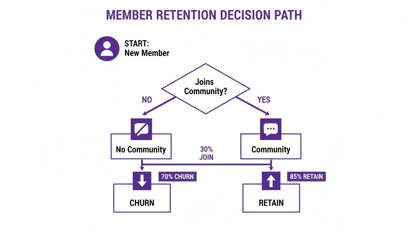 Flowchart illustrating member retention based on community participation, showing paths to churn or retain.