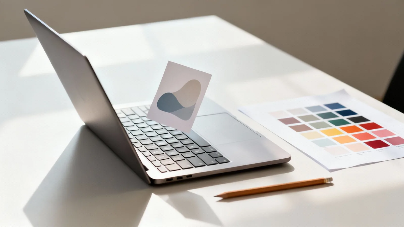 Laptop, karta z abstrakcyjnym wzorem, próbnik kolorów i ołówek na białym biurku projektanta.