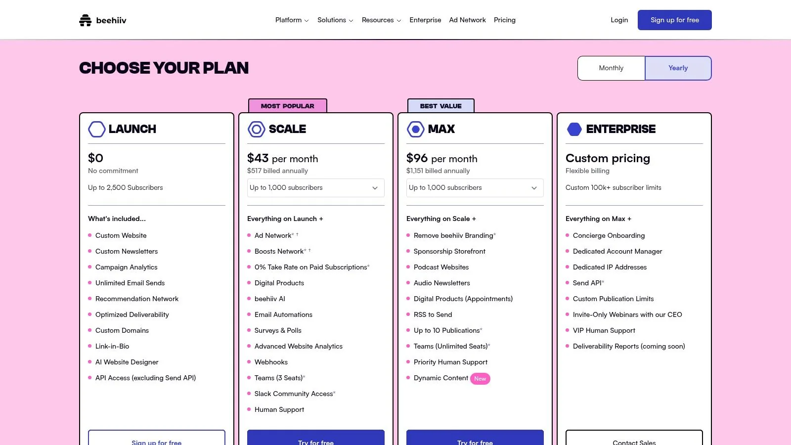 beehiiv pricing plans showing different tiers and features