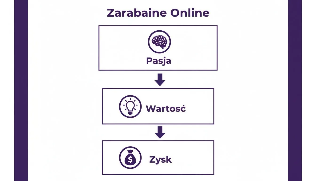 Schemat „Zarabianie Online” ukazujący proces od pasji do zysku poprzez tworzenie wartości, z towarzyszącymi ikonami.