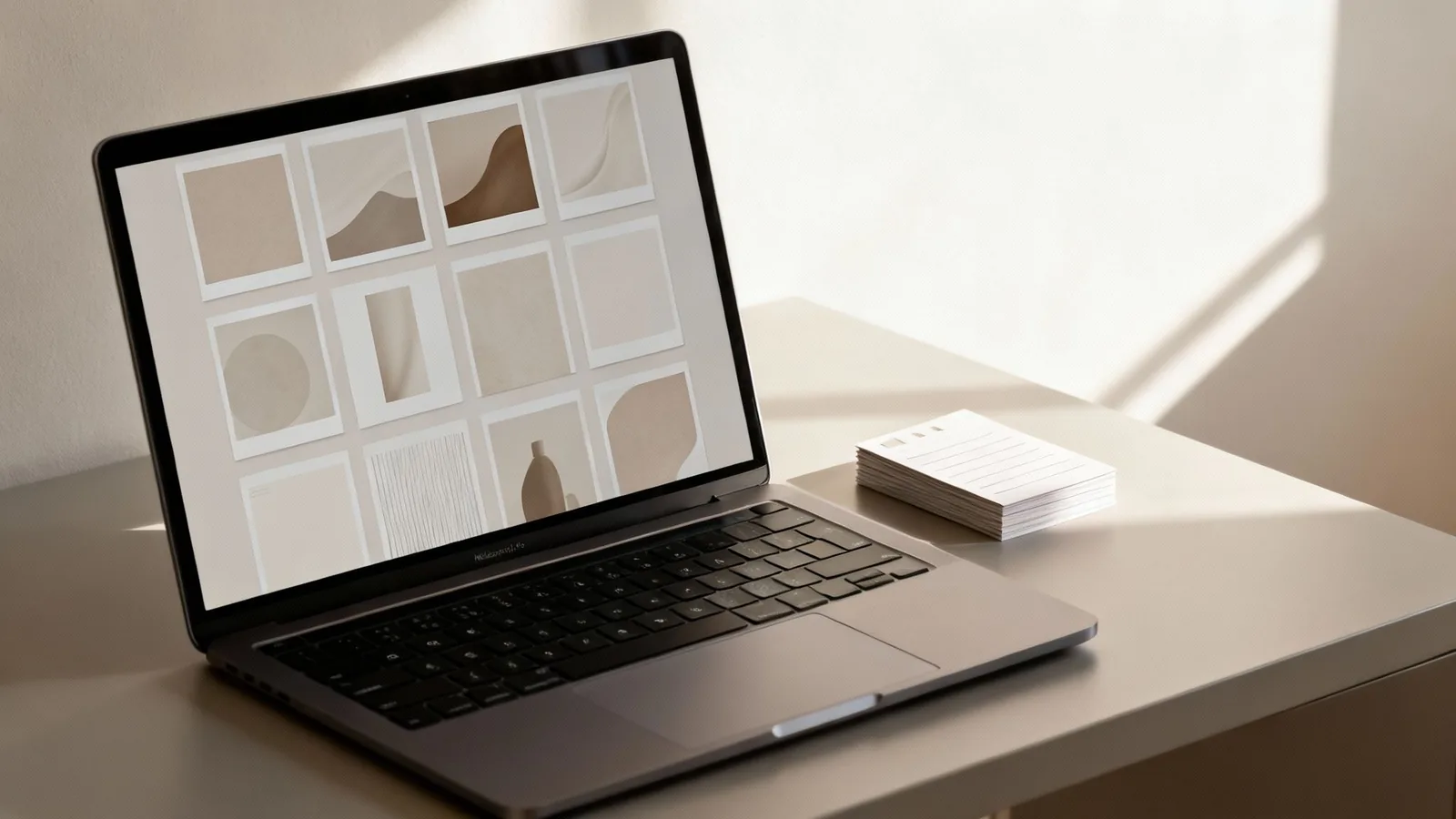 Laptop na biurku z otwartym ekranem wyświetlającym minimalistyczne grafiki, obok stosik karteczek, oświetlone słońcem.