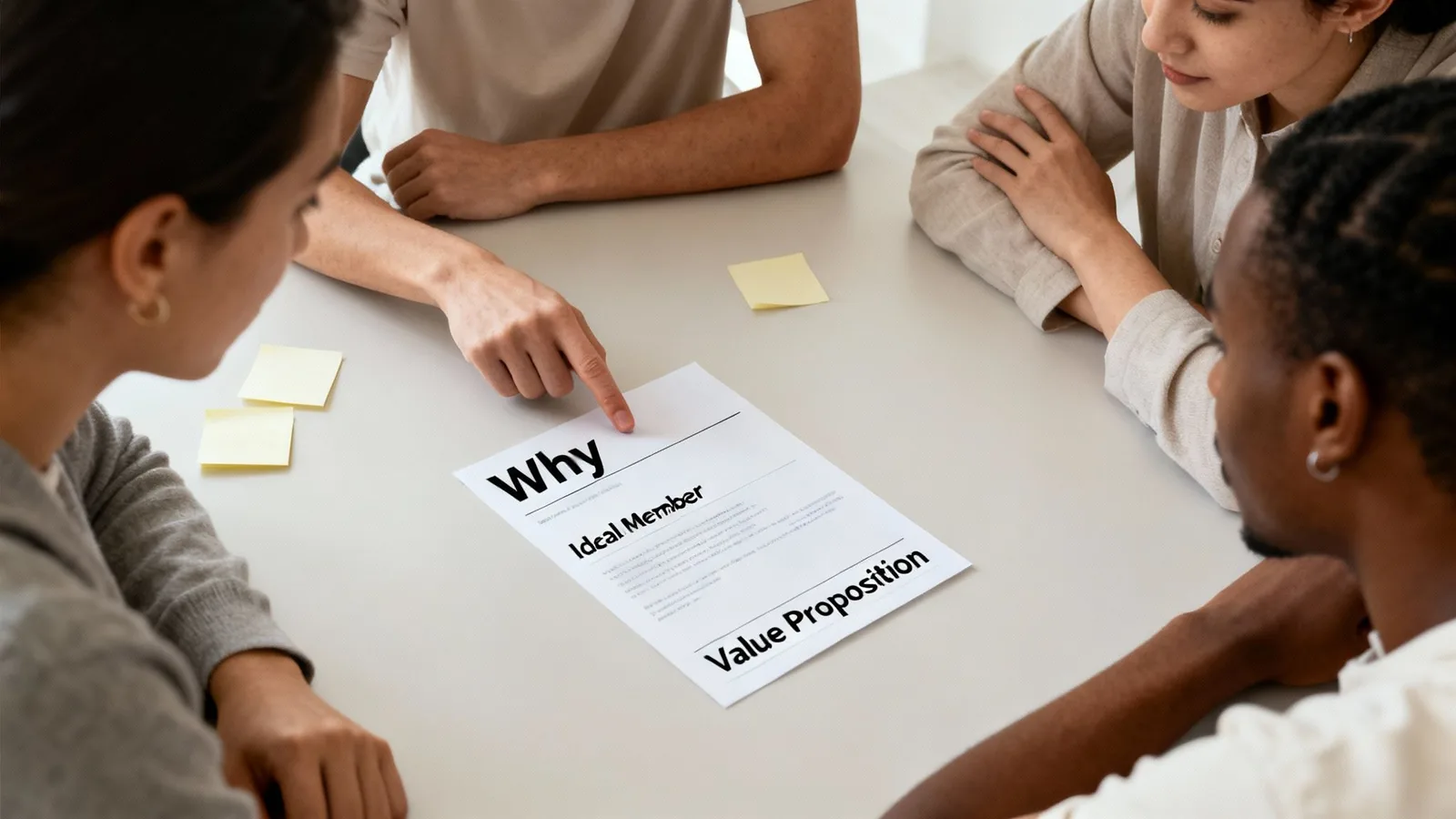 Diverse team collaborating on a document outlining 'Why', 'Ideal Member', and 'Value Proposition'.